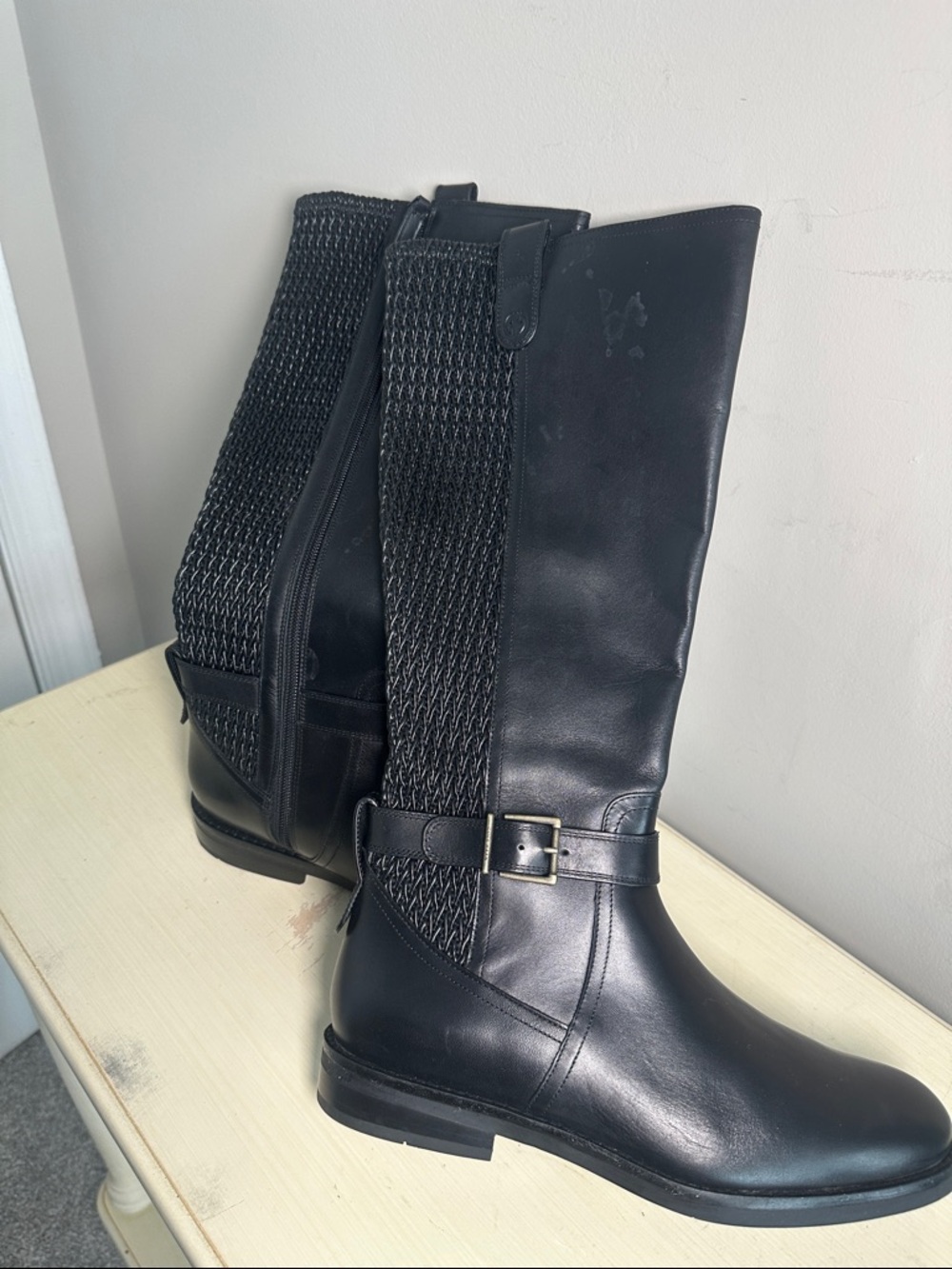 Cole Haan clover stretch Black Women's tall round zipper Riding Boots
